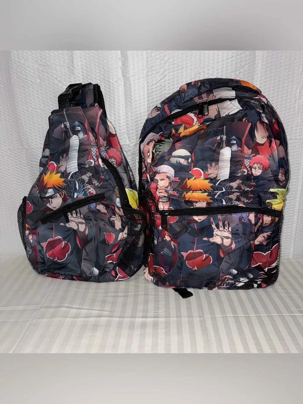 New! 2 Piece Anime Naruto Print Black Backpack And Sling Bag